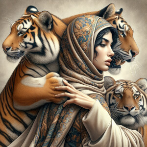 a woman with a tiger on her shoulder and a tiger on her shoulder...