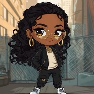Imagine:/ a black girl chibi style character with urban hip hop...