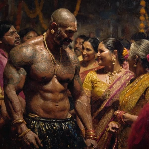 Hyperrealism photo painting .a muscular beefy sweaty tattoed ind...