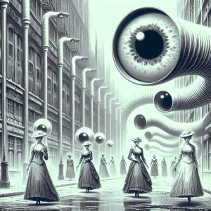 Create a monochromatic, early 20th-century science fiction scene...