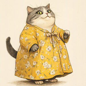 A fat cat wearing a yellow floral patterned nightgown is standin...