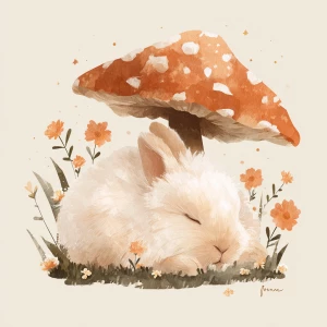 Cute fluffy rabbit sleeping peacefully under large spotted mushr...