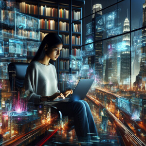 A young woman is seated in a high-tech library, engrossed in her...