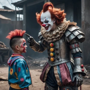 boy wearing clown makeup has his back turned, his face wrinkled...