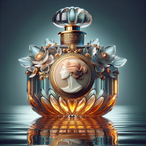 Craft an intricate digital artwork featuring an elegant perfume...