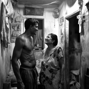 An Indian man, showing muscular build and signs of a rough past,...
