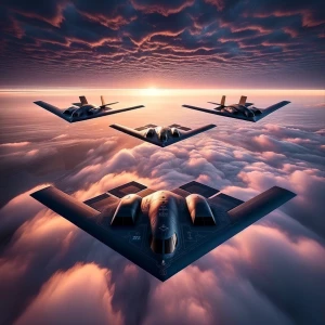 Formation of 4 B-2 Bombers gliding over iran at dawn, overhead d...