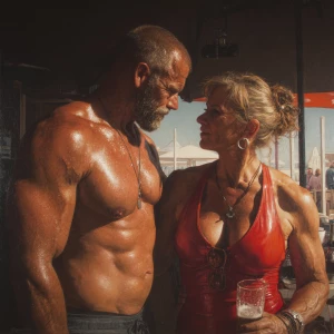 Photo Hyperrealism, painting,a muscular sweaty beefy man standin...