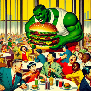 Hulk scaring off a waiter in a packed diner, with kids screaming...