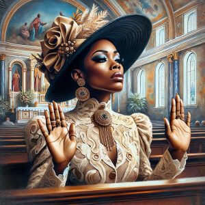 Render an airbrush oil painting of an African American woman with flawless makeup
kneeling at a church altar, her hands raised in a gesture of surrender to God. She's
dressed in stylish Sunday Best attire, with a particular focus on the delicate details of
her Church Hat. The background features a beautifully painted church interior, with the
oil paint texture enhancing the sacred atmosphere. The artwork should capture the
woman's devout expression, the elegance of her attire, and the spiritual ambiance of
the church setting, reflecting a moment of deep faith and devotion.