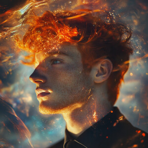 A cosmic handsome guy  with red hair  on the surface of a gas gi...
