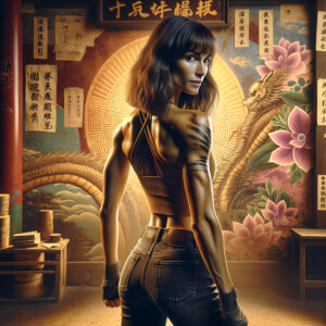 Athletic Thin skinny Attractive, Asian teenage girl, long brown hair and bangs, wearing tight skinny jeans and a halter top paint marks on her clothing, heroic pose Asian graffiti background, backside view