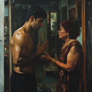 Hyperrealistic painting 1:1,A muscular sweaty man talking to his...
