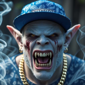 Generate an image of a menacing white goblin's face in close-up...