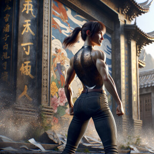 Athletic Thin skinny Attractive, Asian teenage girl, long brown hair and bangs, wearing tight skinny jeans and a halter top paint marks on her clothing, heroic pose Asian graffiti background,  backside view