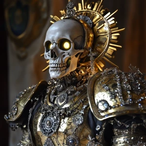 Ein mechanischer, goldener Skelett-Priester mit kunstvollen Grav...