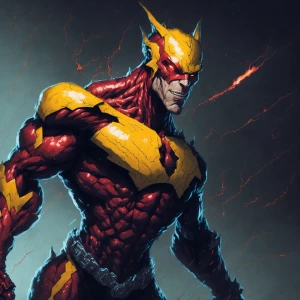 Depict Reverse Flash in a dynamic pose, surrounded by crackling...