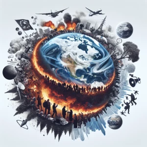 Create an image that depicts a collage of current global events,...