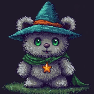 Create a pixel art character of a cute, grey teddy bear with lar...