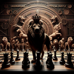 Create a 3-D image of a majestic lion standing in front of a che...