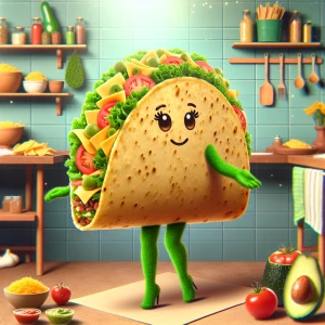 Imagine an anthropomorphic taco lady, her shell forming the eleg...