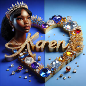 Craft a 3-D image showcasing the name 'KAREN' in a luxurious gol...