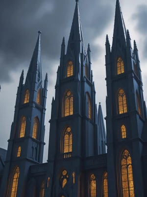 Create a dramatic scene of towering gothic buildings with pointe...