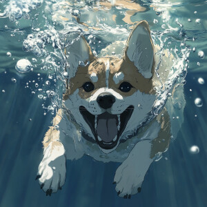 happy dog swimming, anime style