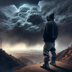 an album cover to a rap album titled " THE HUB TAPE 2". Display the title in prominent letters across the top of the design emerging from a very cloudy sky, with dark thick rainstorm clouds. Add "PYRAMID PRODUCTIONS  PRESENTS" written in smaller letters above the title. The name of the artist is "CLOUDED MIND", and his name should be included somewhere near the bottom of the design. All Text should be colored chrome.  The Background should be a nighttime black, and at the center should be a rap producer wearing an all black hooded sweater, baggy loose fit gray Levi 501 jeans, and black and gray Air Jordan sneakers, standing at the edge of a hill, with his back to the viewer as he overlooks the San Gabriel Valley, with the Los Angeles City Skyline in further in the distance.