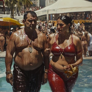 Realism,paintrealism,a muscular beefy criminal man walking with...