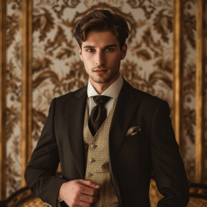 a man with a black suit, gold motive, vintage and elegant style