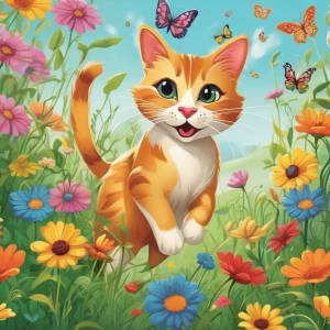 A lively scene of a cat chasing butterflies in a flower-filled meadow, its exaggerated expressions and playful body language adding a whimsical touch.