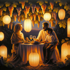 Sketch a scene of lanterns hanging under grape vines with ripe g...