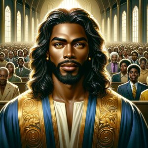 Illustrate an inspiring African-American Jesus crust with a dign...
