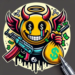 Design a cartoon-style circular logo featuring a cheeky demon we...