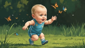 baby Vladimir Putin runs on the grass and catches butterflies, i...