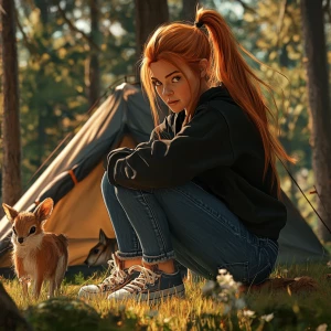 Create a photorealistic image of a woman with long ginger hair t...