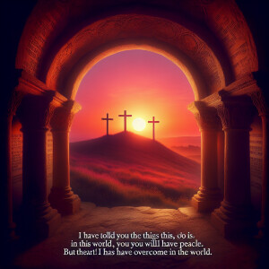 Create an image depicting the view from inside the tomb toward t...