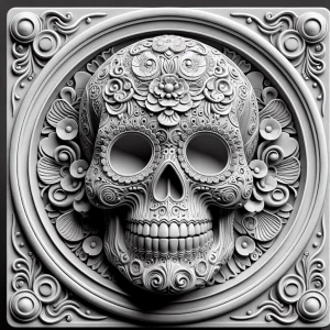 Sugar skull, grayscale 3d bas relief, round border