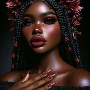 Create a airbrush curvy African American beautiful woman mahogany skin tone, flawless makeup, full lips, long nails, wispy long lashes, freckles, She’s wearing a hollister dress off the shoulder, intricate braided crown with flowers ruby red. Fluxus art, contrast colors, luminous density, 64k hdr, black background