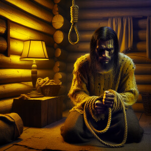 Twilight, a log house, a guy with long black dirty hair, very sa...