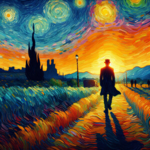 A man's silhouette stands out against a dynamic array, walking d...