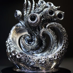 A highly detailed sculpture of a multi-eyed, tentacled metal mon...