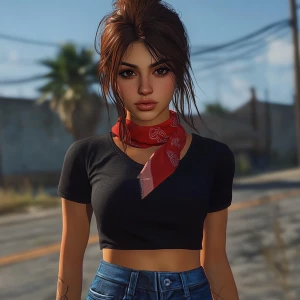 Lucia from GTA, not very cute girl with brown hair, thick eyebro...