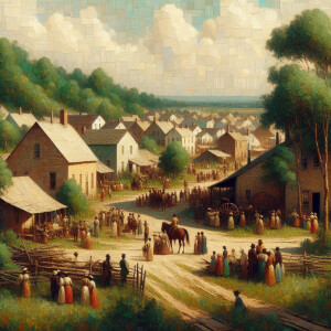 Abstract painting of Seneca village in the 1820s, at is vertical...