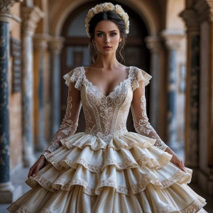 hyper realistic photography, look to the front, a Spanish bride...