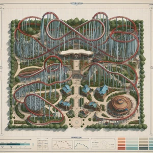 Create a 2D theme park map featuring seven distinct yet COMPACT...