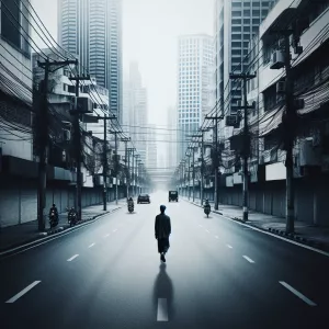 A thought-provoking image of a lone figure walking through an em...