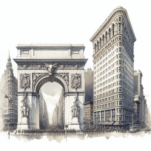 The World War I Victory Arch and Flatiron Building of New York C...