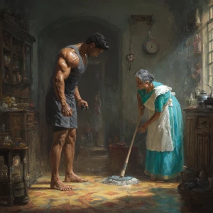 realism. A muscular indian man exercising in his house while his...